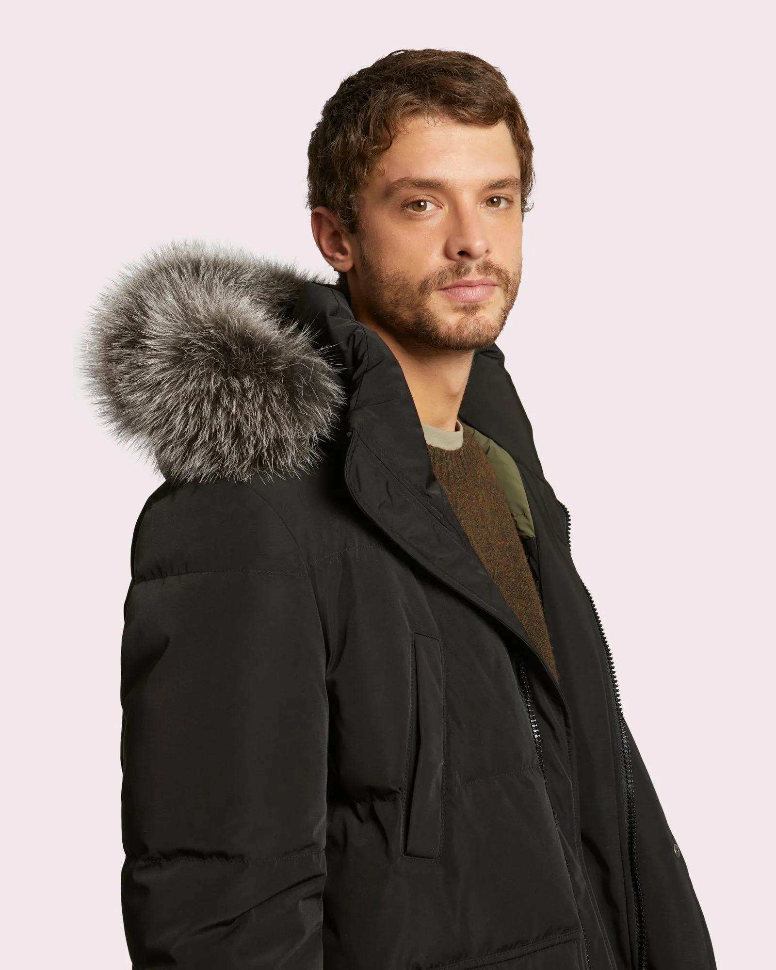 3/4 down jacket with fox fur hood trim