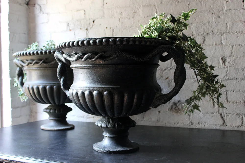 A Large & Rare Pair of Cast Iron French Estate Serpent Handled Urns c.1860-70 probably by the Val D'Osne Foundry