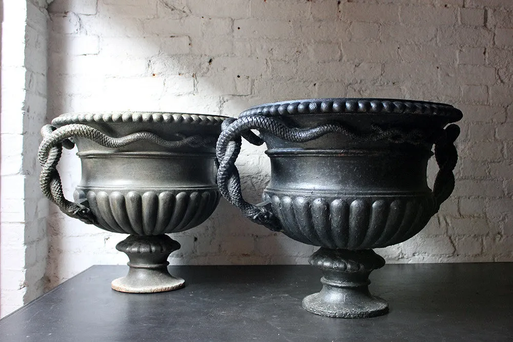 A Large & Rare Pair of Cast Iron French Estate Serpent Handled Urns c.1860-70 probably by the Val D'Osne Foundry