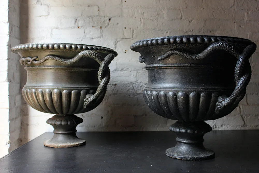 A Large & Rare Pair of Cast Iron French Estate Serpent Handled Urns c.1860-70 probably by the Val D'Osne Foundry