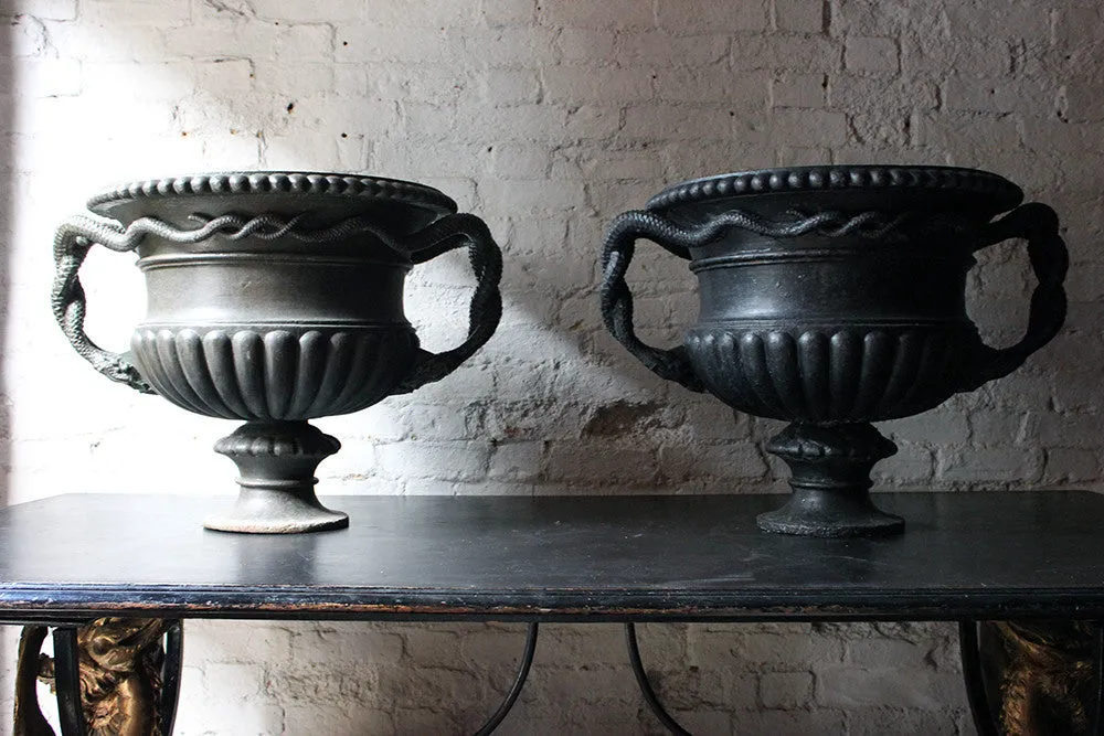 A Large & Rare Pair of Cast Iron French Estate Serpent Handled Urns c.1860-70 probably by the Val D'Osne Foundry