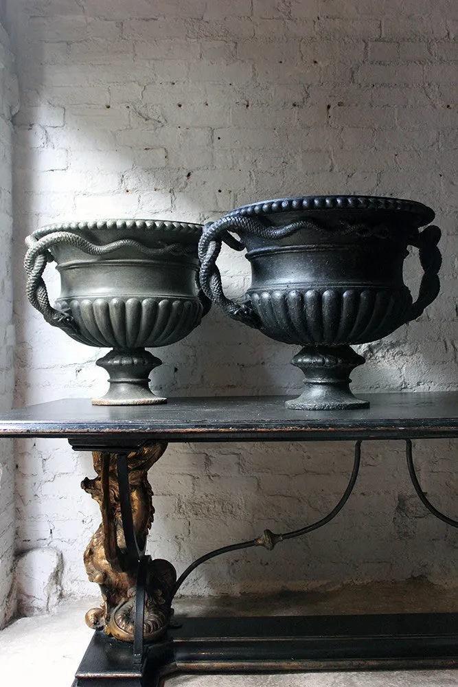 A Large & Rare Pair of Cast Iron French Estate Serpent Handled Urns c.1860-70 probably by the Val D'Osne Foundry