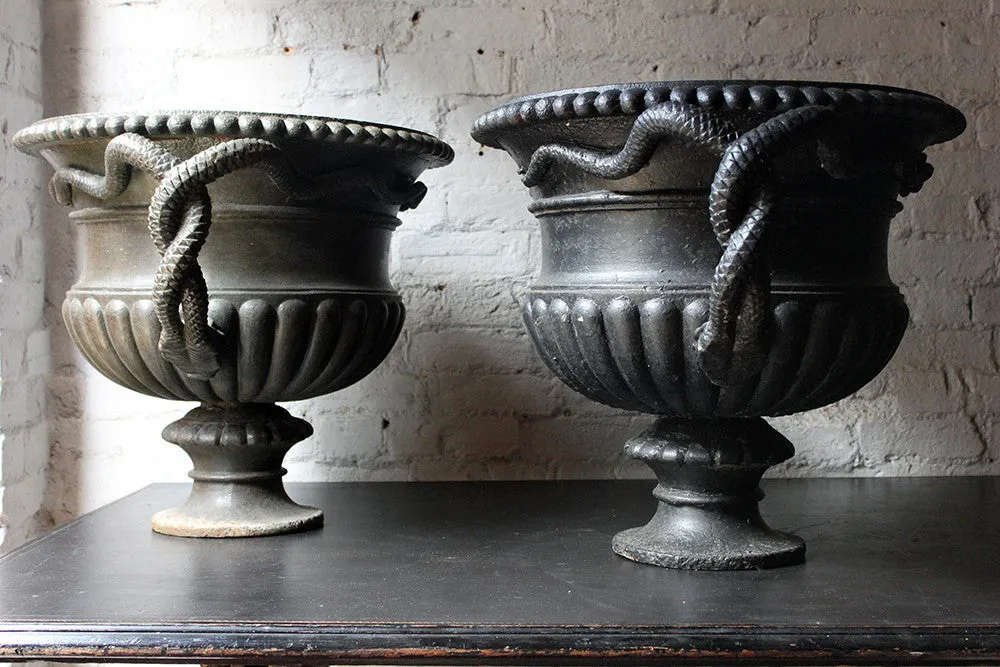 A Large & Rare Pair of Cast Iron French Estate Serpent Handled Urns c.1860-70 probably by the Val D'Osne Foundry