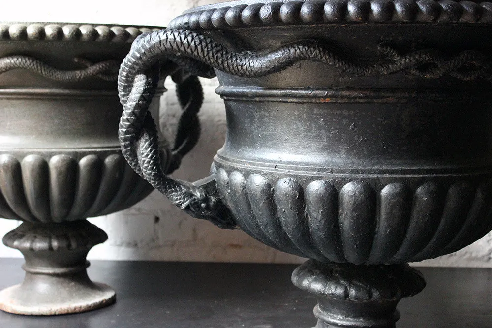 A Large & Rare Pair of Cast Iron French Estate Serpent Handled Urns c.1860-70 probably by the Val D'Osne Foundry