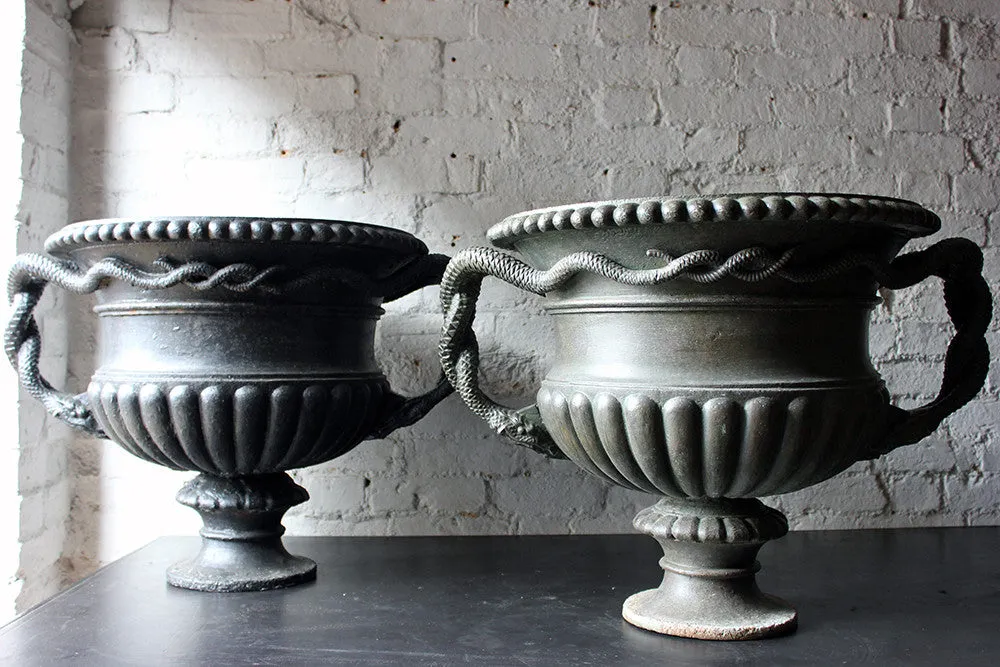 A Large & Rare Pair of Cast Iron French Estate Serpent Handled Urns c.1860-70 probably by the Val D'Osne Foundry