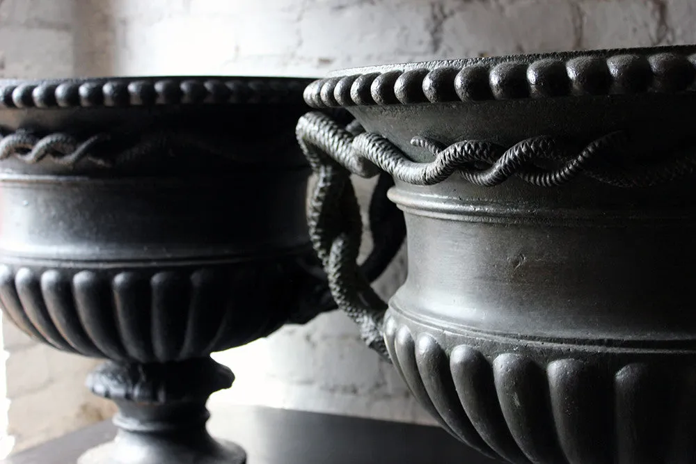 A Large & Rare Pair of Cast Iron French Estate Serpent Handled Urns c.1860-70 probably by the Val D'Osne Foundry