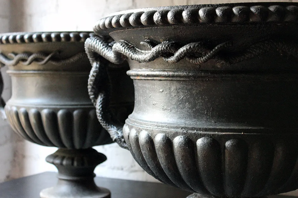 A Large & Rare Pair of Cast Iron French Estate Serpent Handled Urns c.1860-70 probably by the Val D'Osne Foundry