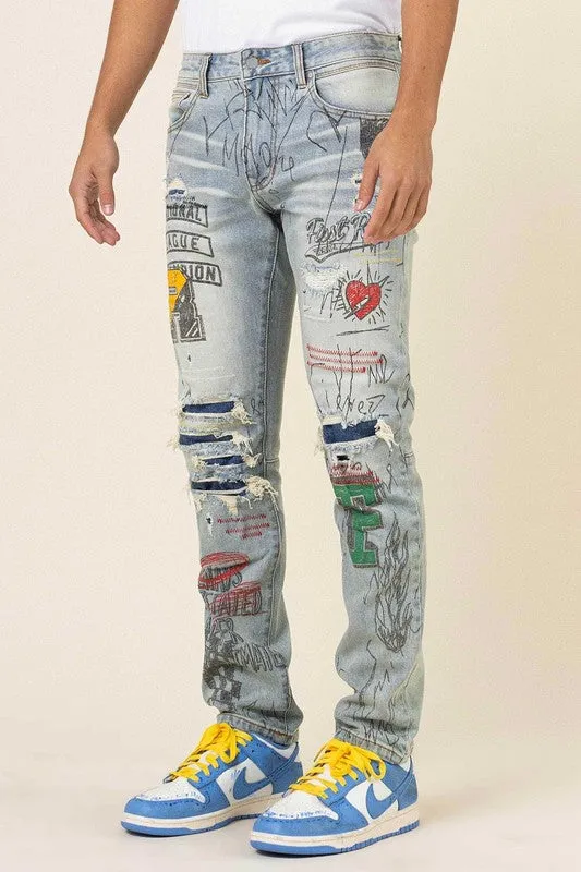 All over Doodling Slim Fit Denim