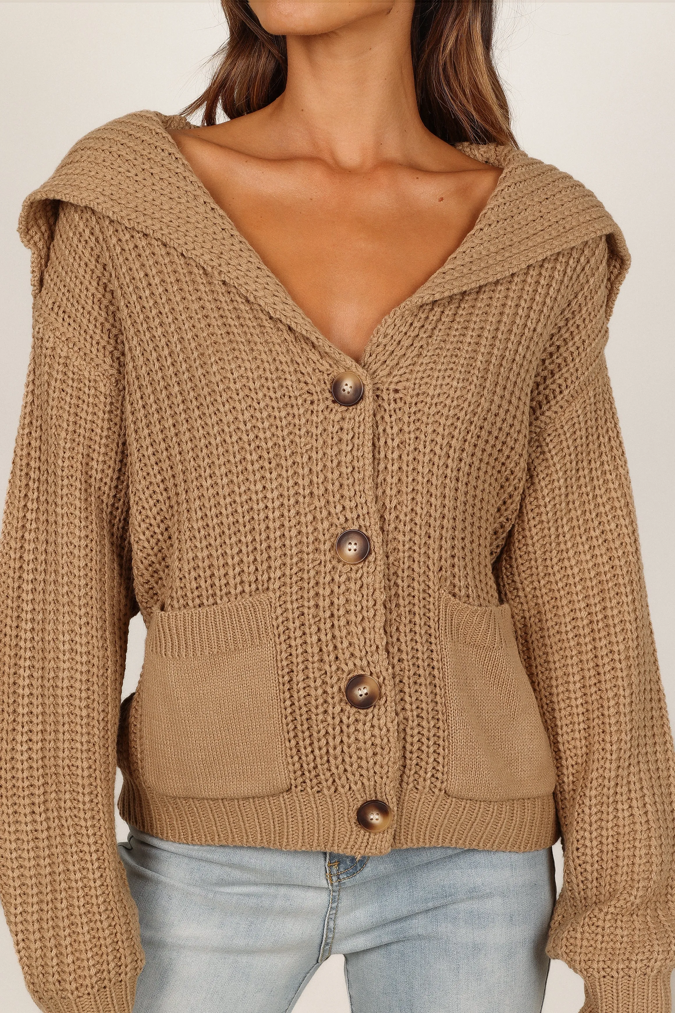 Amelia Oversize Collar Button Cardigan - Camel