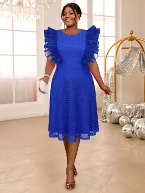 AOMEIDRESS Blue Mesh Party Dress O Neck Ruffles Fish Net A Line