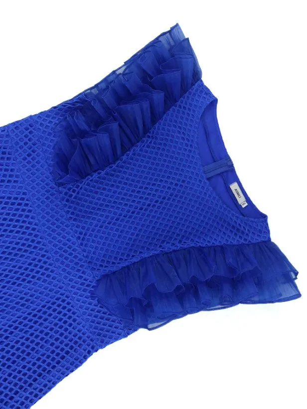 AOMEIDRESS Blue Mesh Party Dress O Neck Ruffles Fish Net A Line