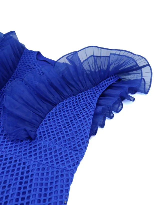 AOMEIDRESS Blue Mesh Party Dress O Neck Ruffles Fish Net A Line