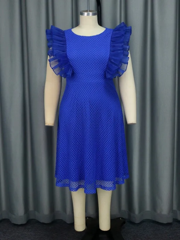 AOMEIDRESS Blue Mesh Party Dress O Neck Ruffles Fish Net A Line