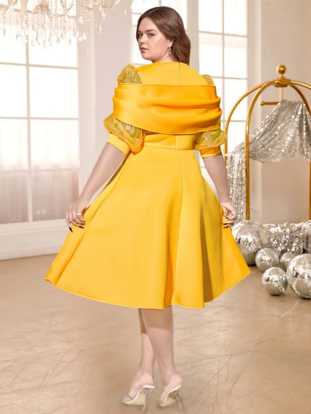 AOMEIDRESS Yellow A Line Dress O Neck Mesh Patchwork Sleeve Appliques