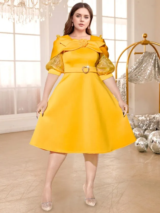 AOMEIDRESS Yellow A Line Dress O Neck Mesh Patchwork Sleeve Appliques