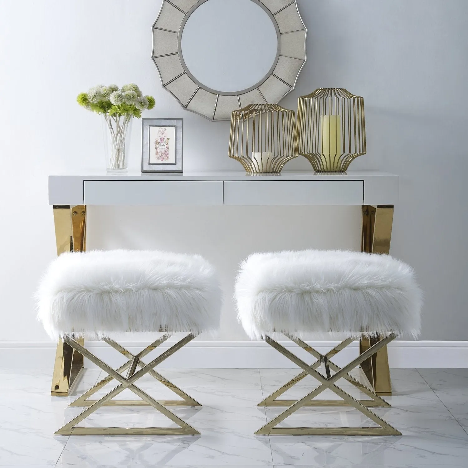 Aurora Faux Fur X-Leg Ottoman