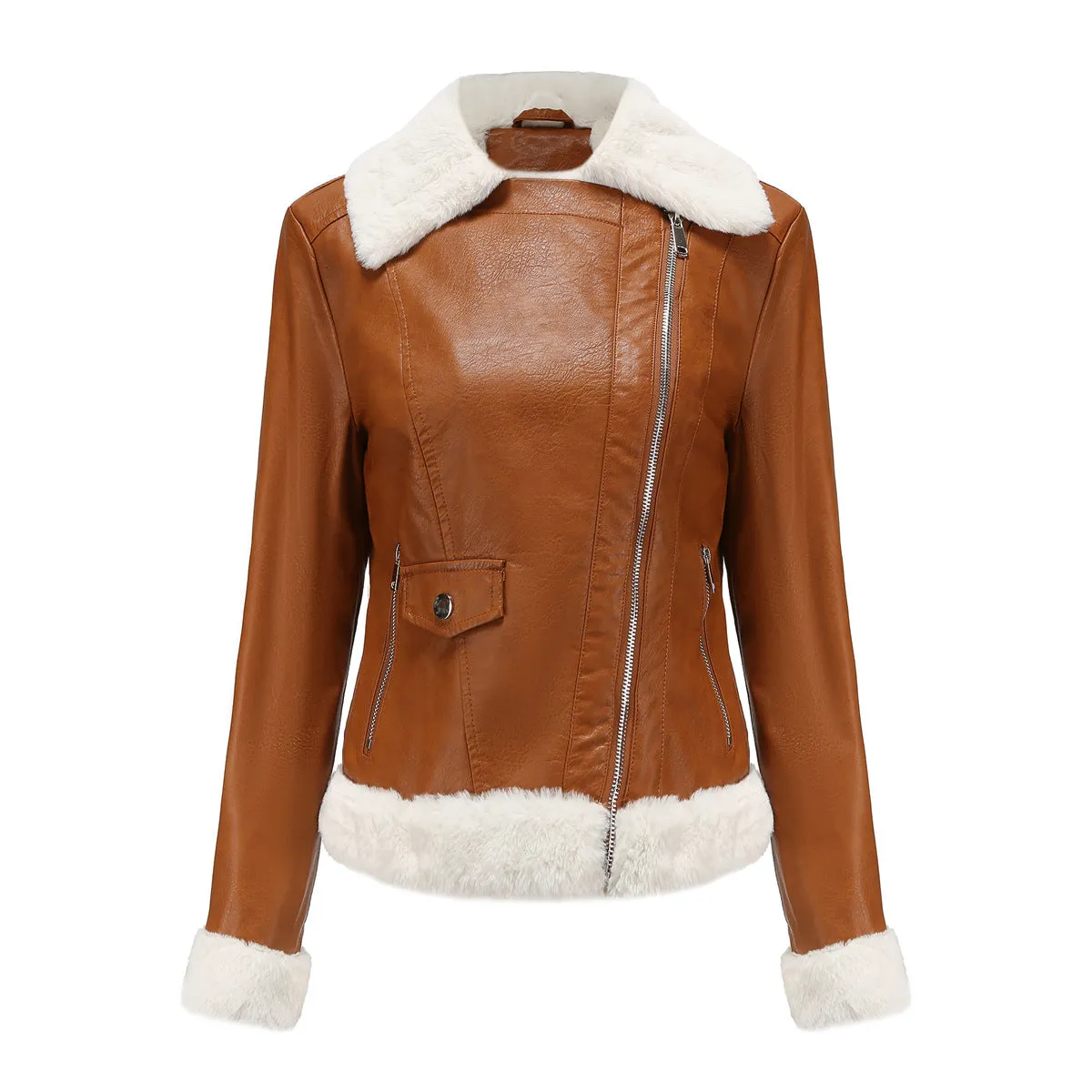 Autumn and winter fleece leather women's warm long-sleeved lapel coat jacket