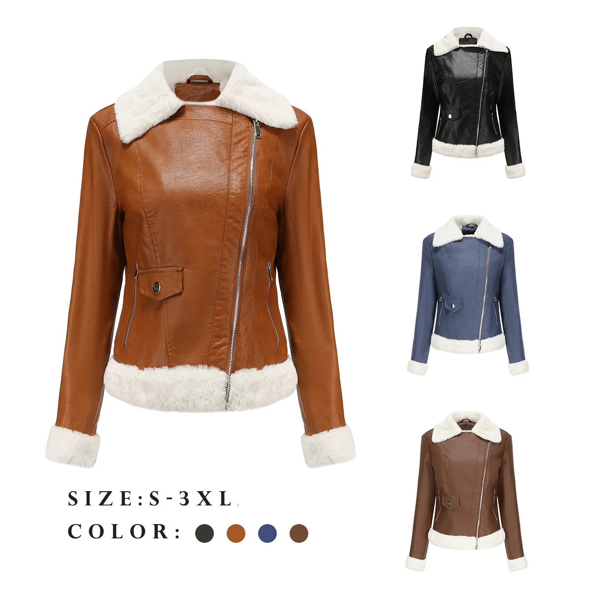 Autumn and winter fleece leather women's warm long-sleeved lapel coat jacket