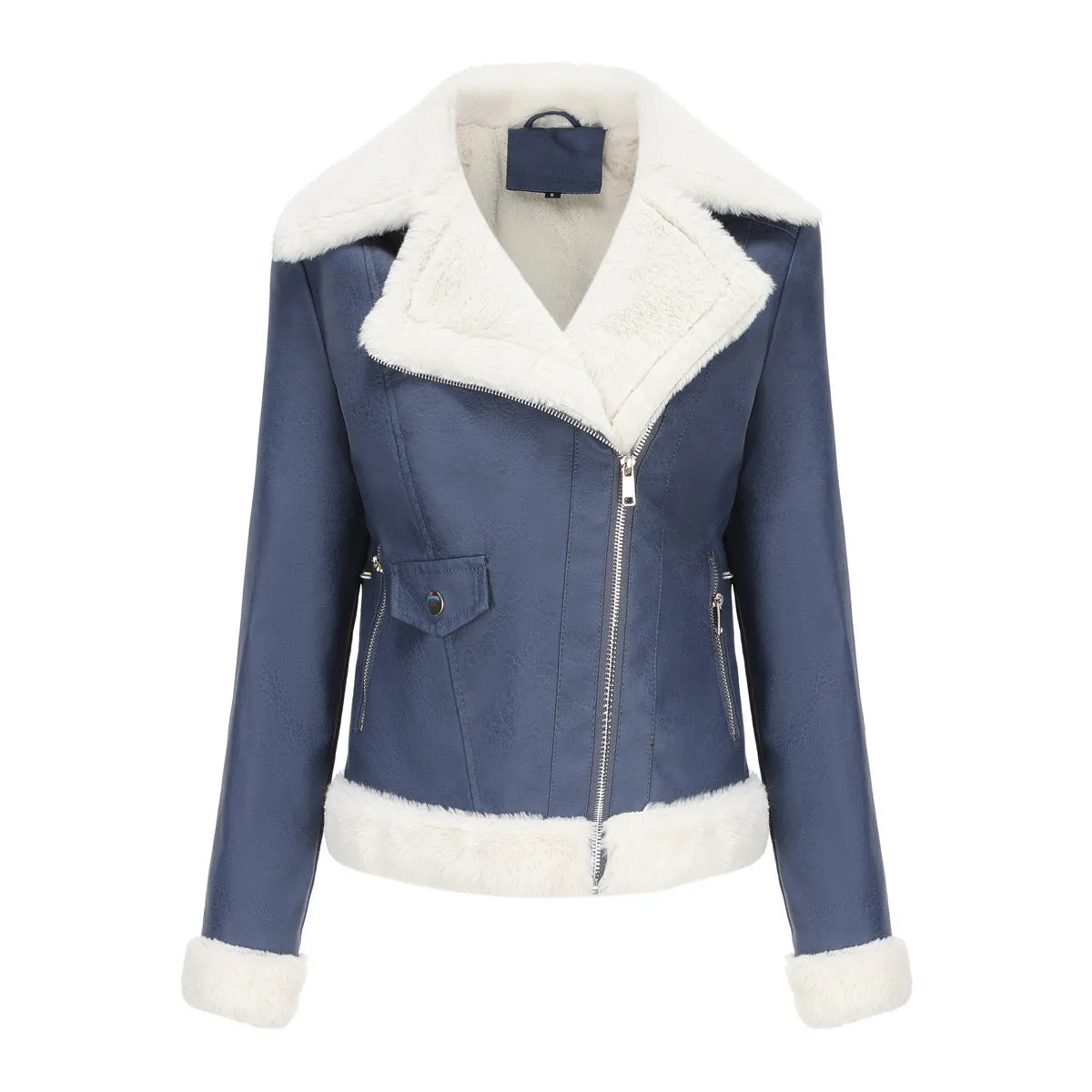 Autumn and winter fleece leather women's warm long-sleeved lapel coat jacket