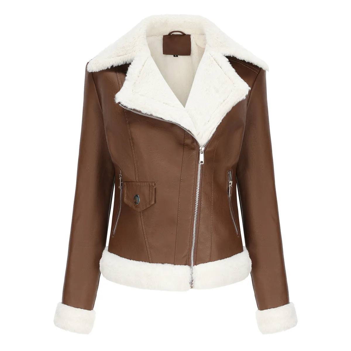 Autumn and winter fleece leather women's warm long-sleeved lapel coat jacket