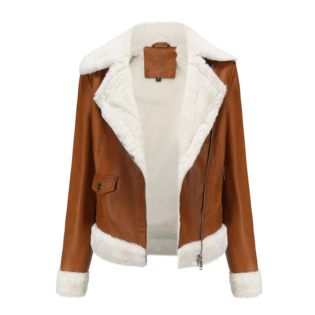 Autumn and winter fleece leather women's warm long-sleeved lapel coat jacket