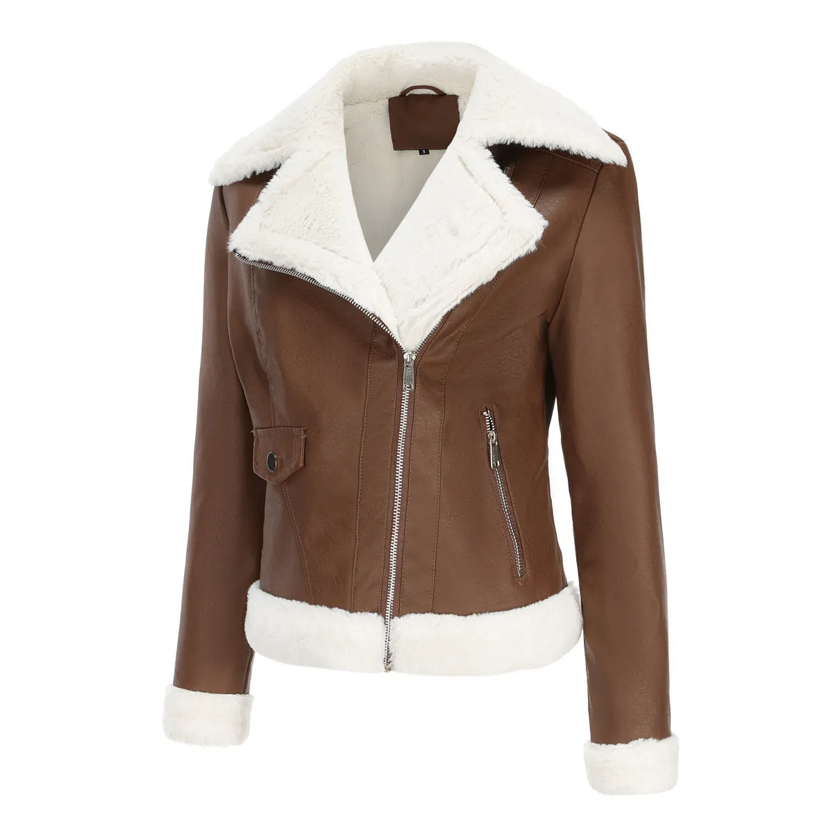 Autumn and winter fleece leather women's warm long-sleeved lapel coat jacket