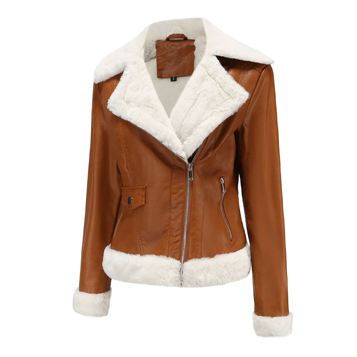 Autumn and winter fleece leather women's warm long-sleeved lapel coat jacket