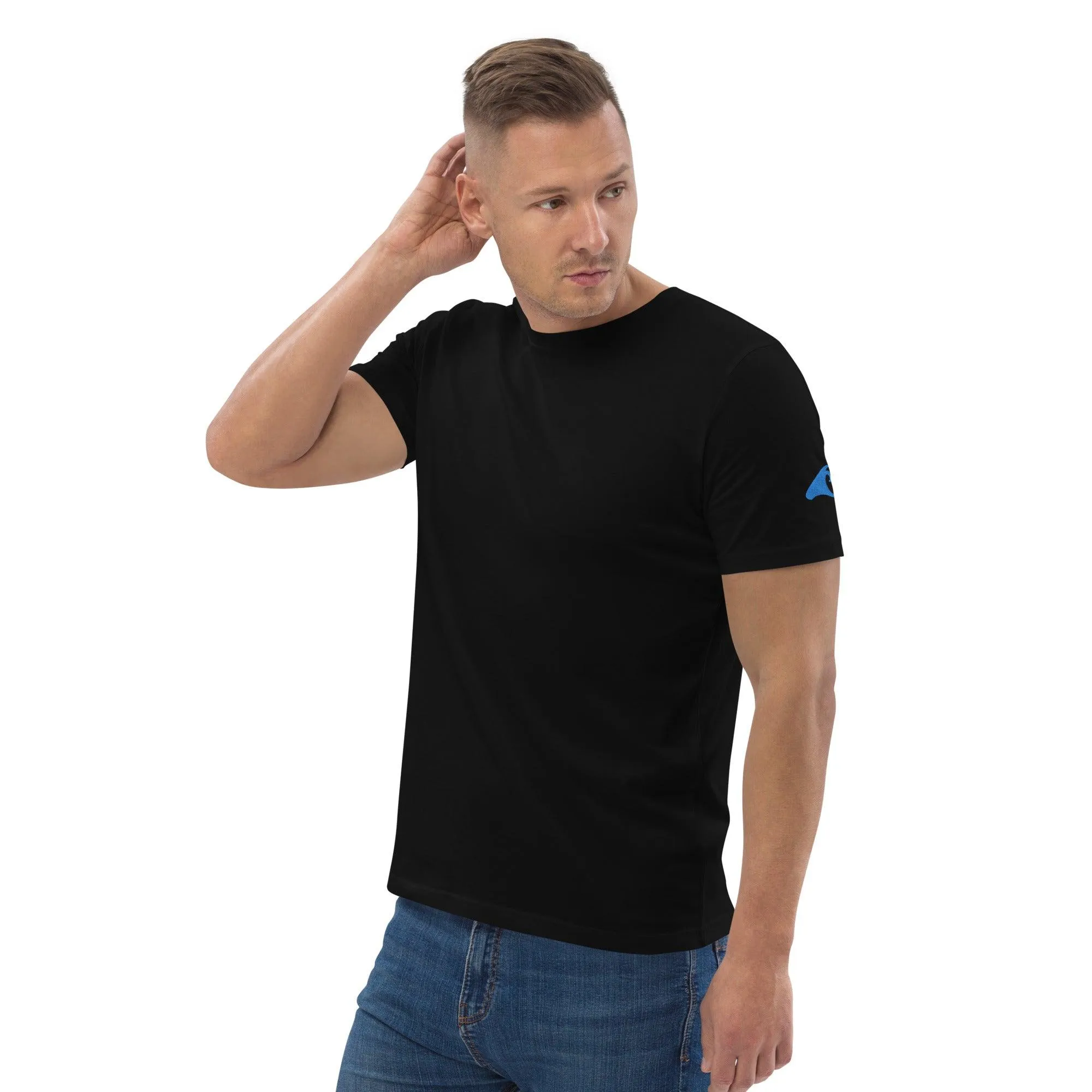 Black Organic Cotton T-Shirt w/ Aqua Extremely Stoked Epic Wave Logo on Sleeve (Embroidered)