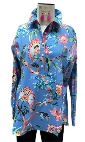 Blouse Pullover Blue Floral Generous Fit Women's 82101