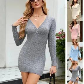 Bodycon V-Neck Long Sleeve Winter Knit Dress Ins Fashion Solid Color Casual  Mini Dress Women's