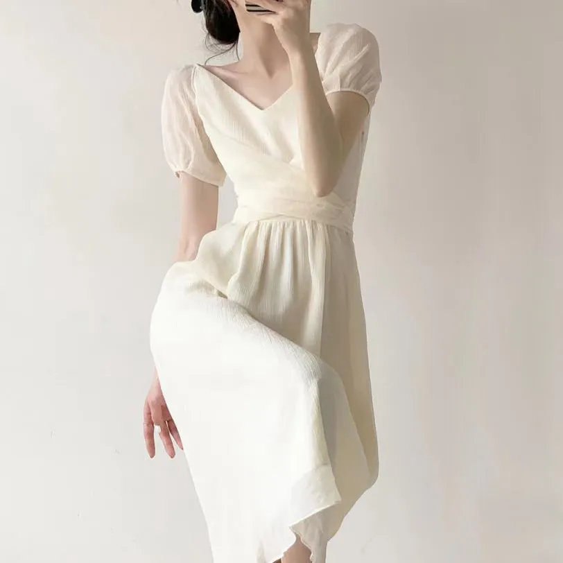 Bubble Short-Sleeved V-Neck Waist Long Dress