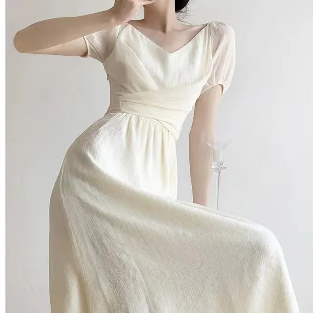 Bubble Short-Sleeved V-Neck Waist Long Dress