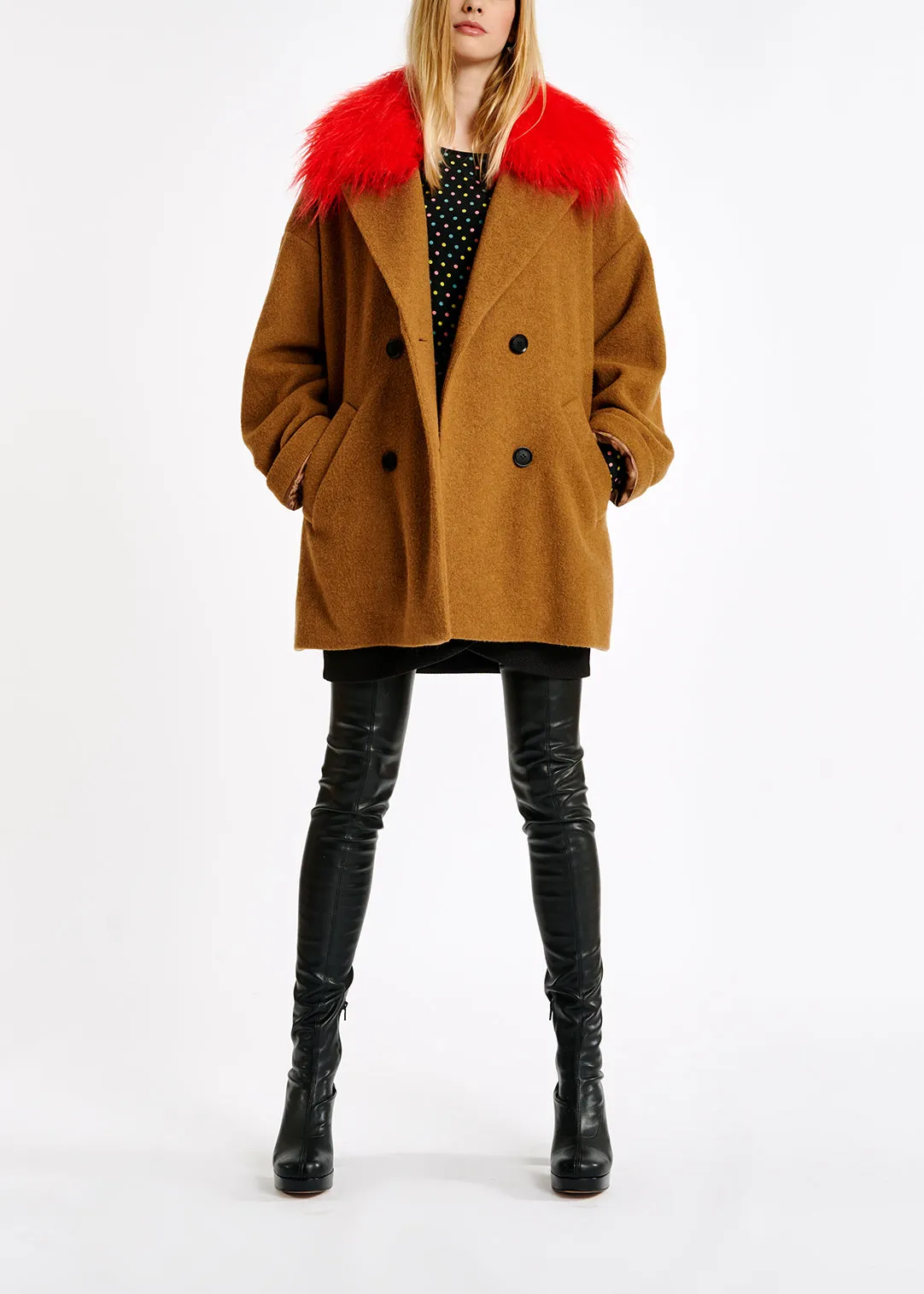 Camel wool-blend coat with red faux fur collar