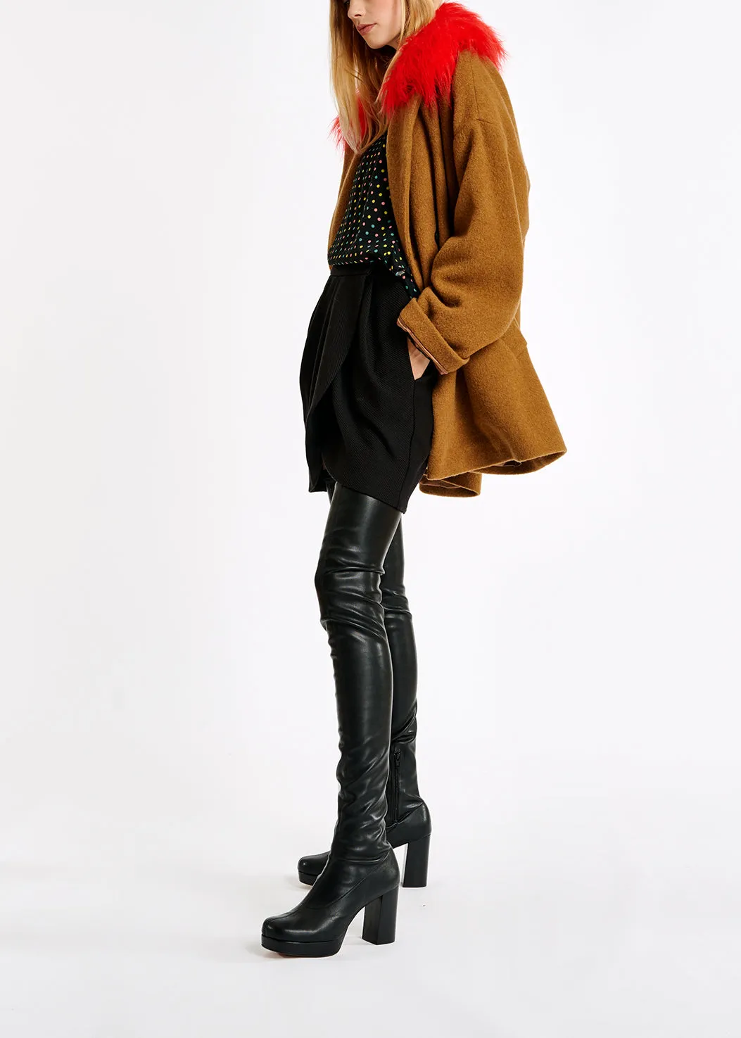 Camel wool-blend coat with red faux fur collar