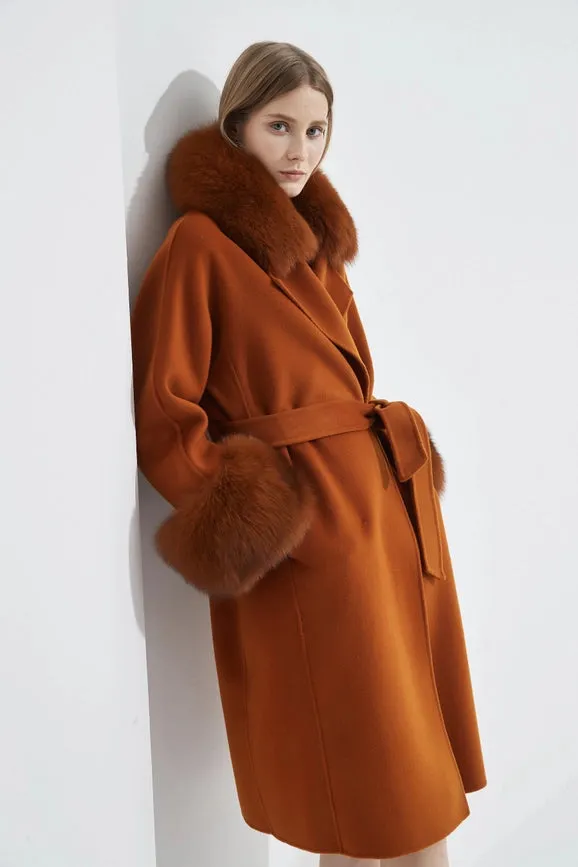 Cashmere Coat with Detachable Fur Collar & Cuffs Maple