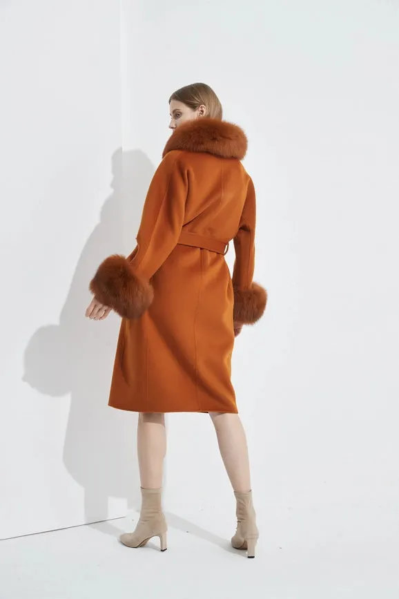 Cashmere Coat with Detachable Fur Collar & Cuffs Maple