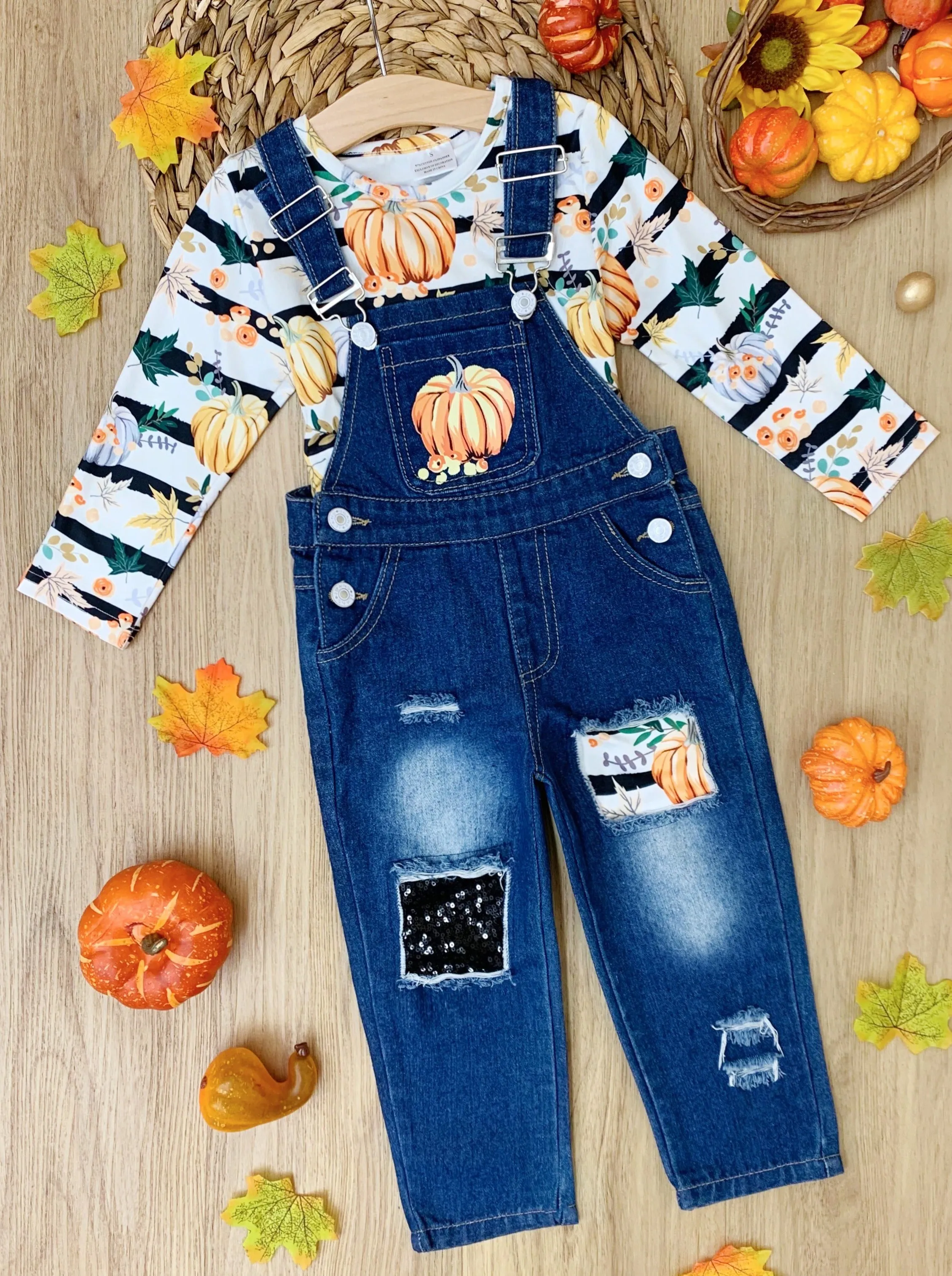 Chic Pumpkin Sequin Patched Overall Set