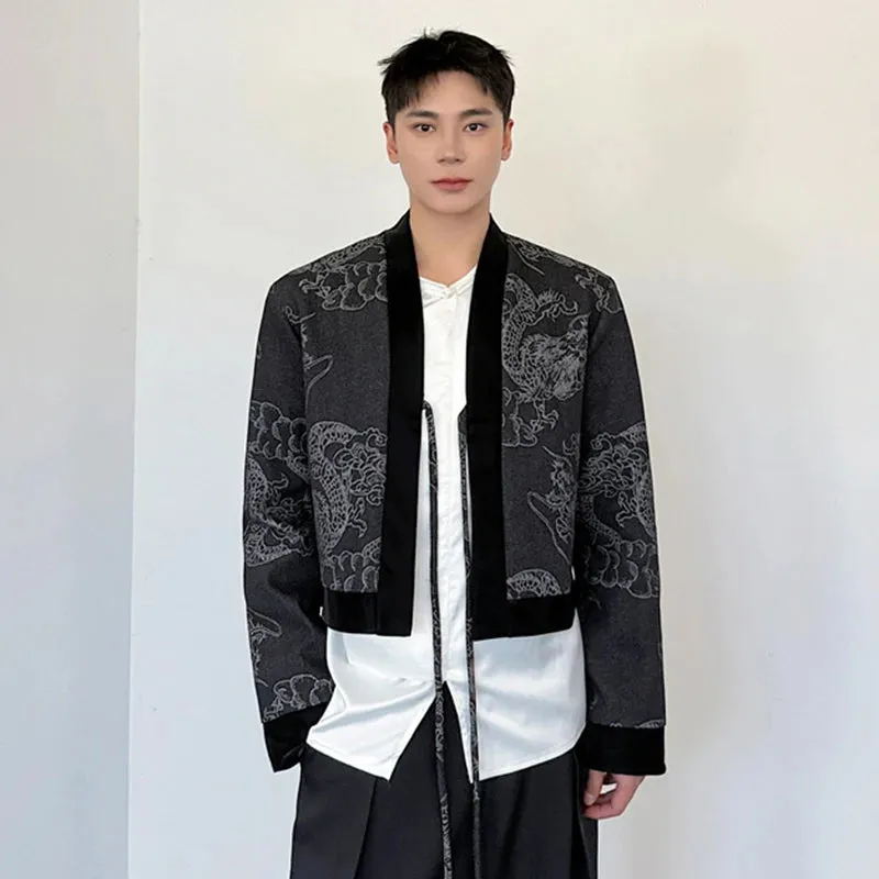 Chinese Style Men's Short Denim Jacket Jacquard Mosaic Dragon Pattern Lace-up Male Long Sleeve Vintage Menwear 9C6958