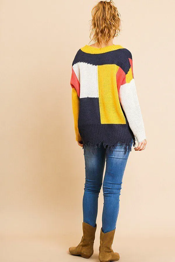 Color Blocked Long Sleeve V-neck Knit Pullover Sweater