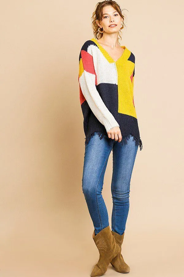 Color Blocked Long Sleeve V-neck Knit Pullover Sweater