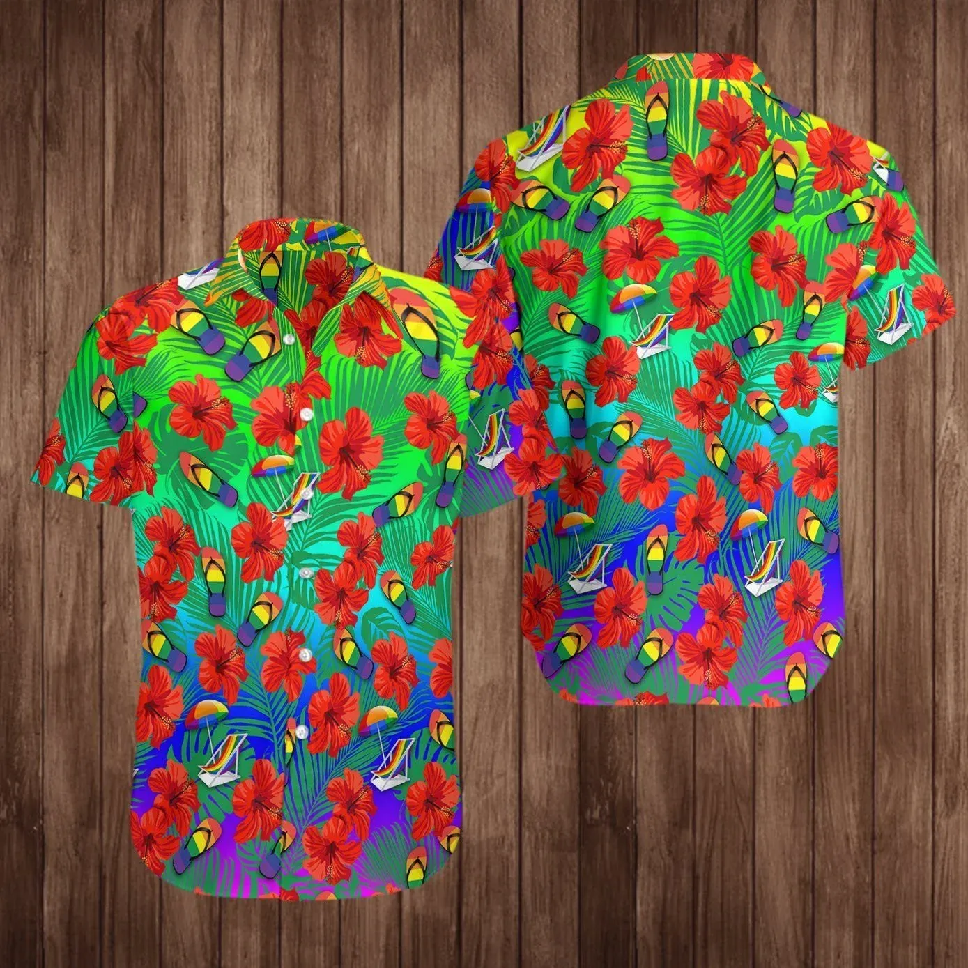 Couple Gay Pride Shirt, LGBT Red Hibiscus Nice Ornamental Hawaiian Shirt