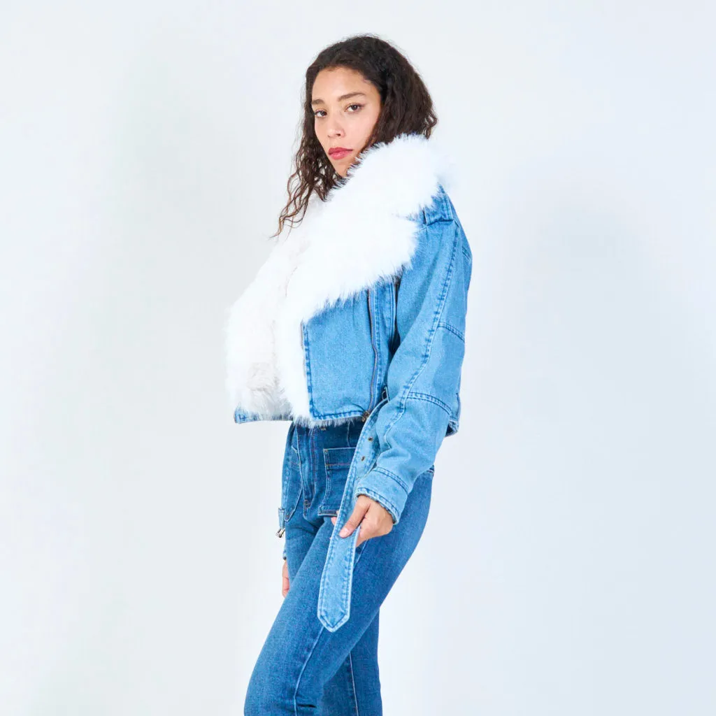 Denim jacket with faux fur collar wholesale