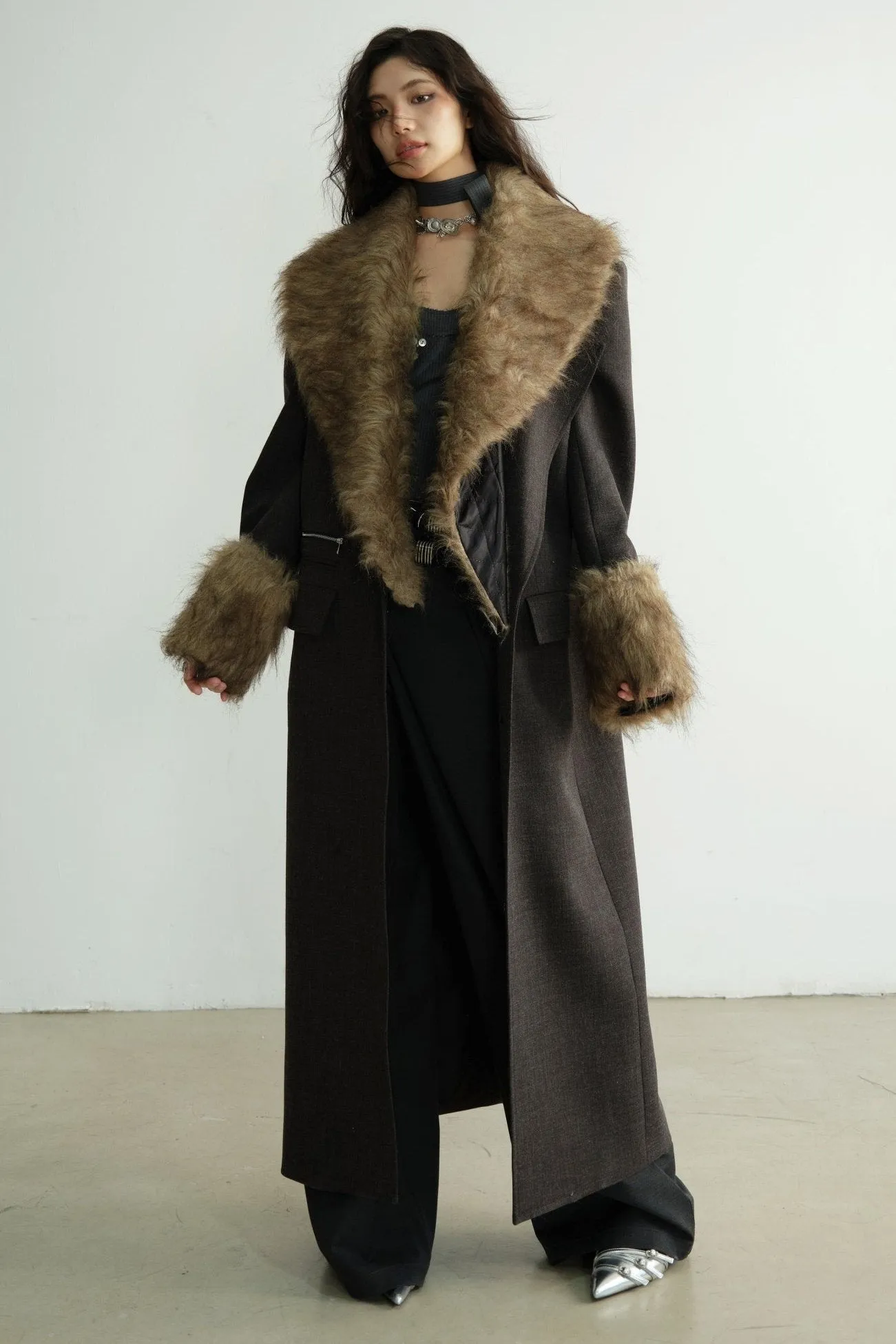 Detachable Fur Collar Long Blazer