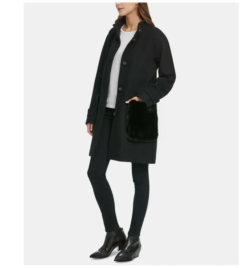 DKNY Faux-Fur-Pocket Walker Coat