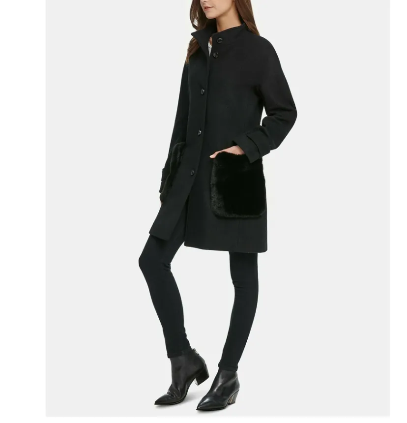 DKNY Faux-Fur-Pocket Walker Coat