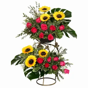 Elegant Two-Tiered Table Arrangement with Roses and Sunflowers | TB124