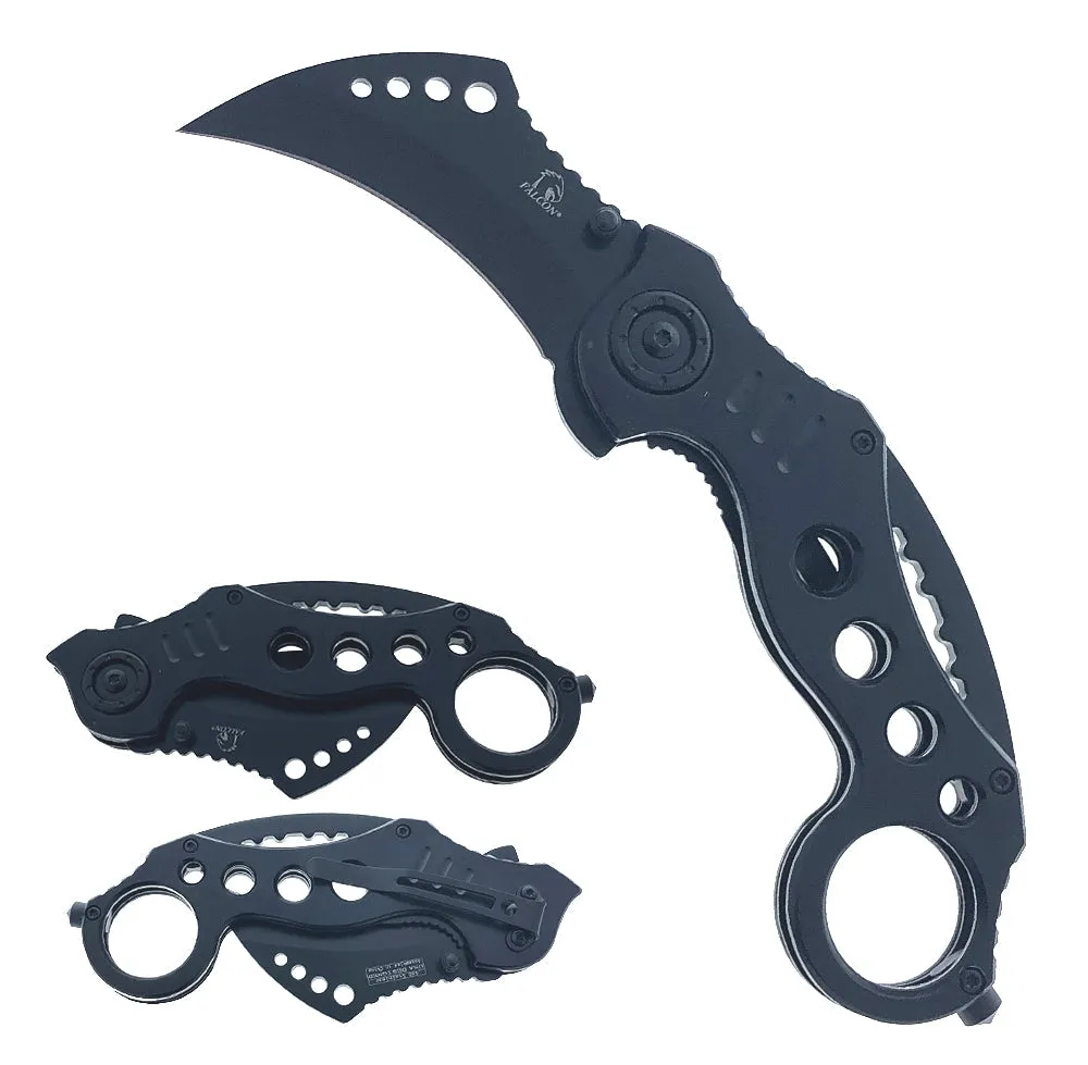 Falcon 7.5" Overall Black Spring Assisted Karambit Knife