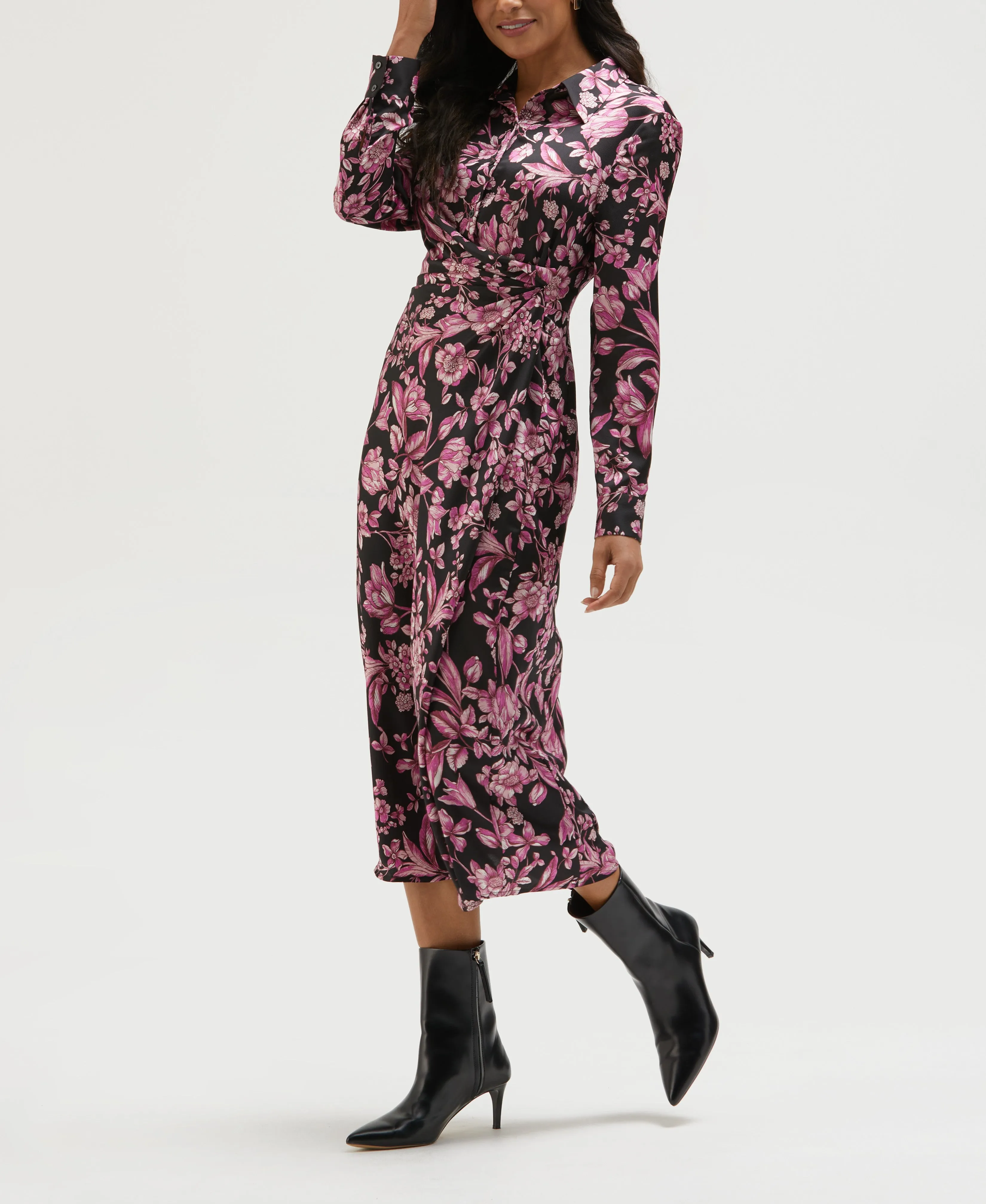 Floral Print Gathered Popover Midi Dress