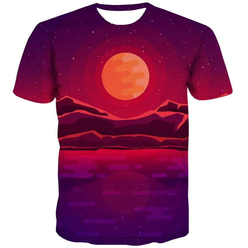 Galaxy T shirts Men Moon Shirt Print Sunset Tshirts Casual Mountain T shirts Funny Red Tshirt Anime