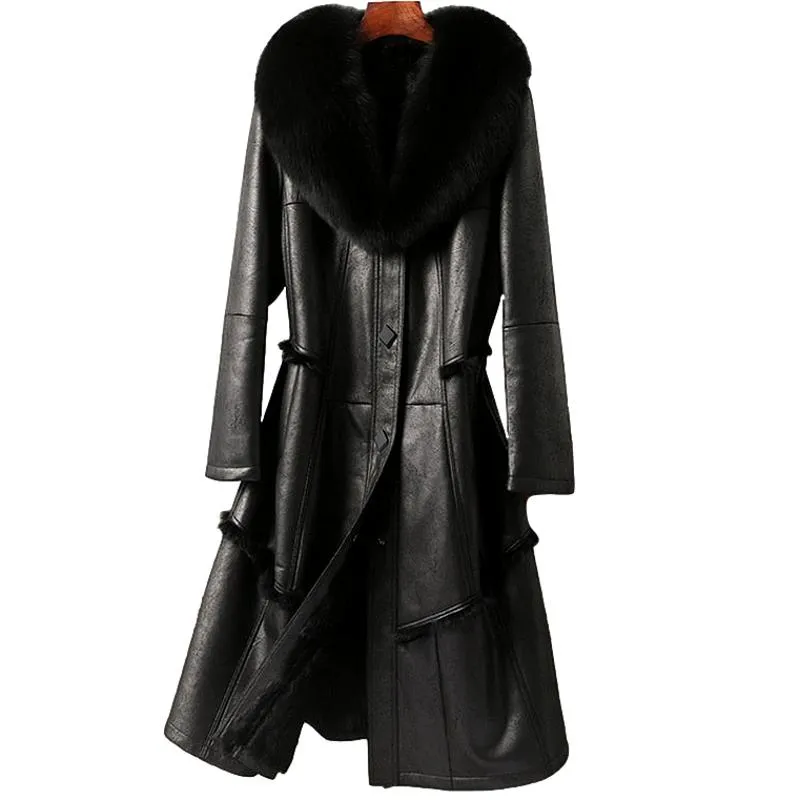 Genuine Leather  Mid-Length Fox Fur Collar Rabbit Fur Lining Coat